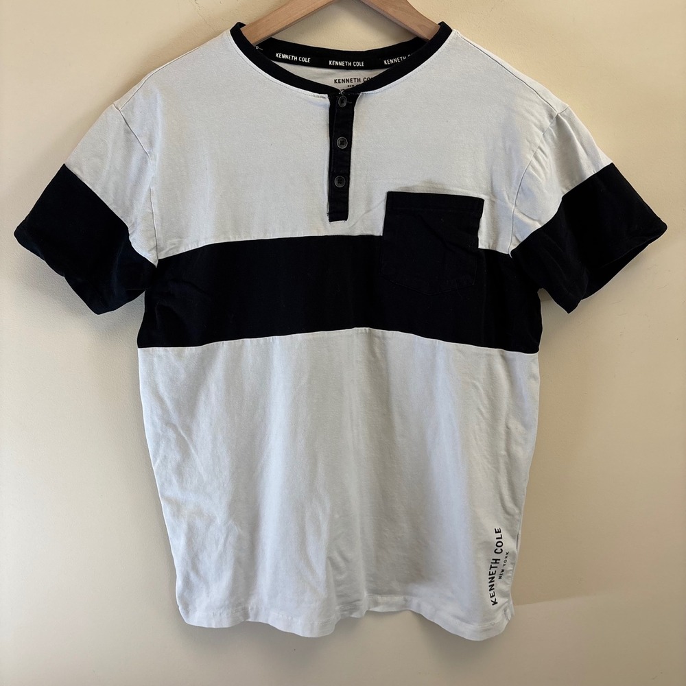 Kenneth Cole Mens Colorblock Henley T-Shirt White Black Short Sleeve Large